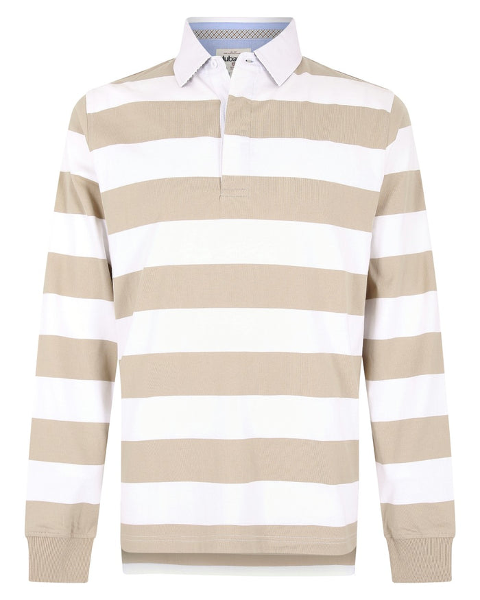 Sand Multi coloured Dubarry Mens Goresbridge Rugby Top on white background #colour_sand-multi