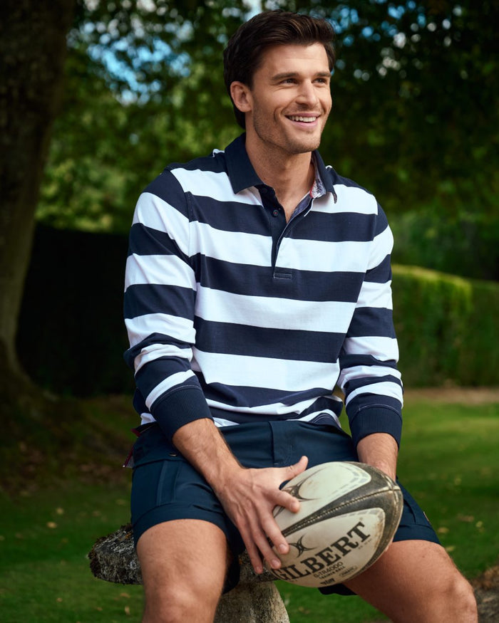 Navy Multi coloured Dubarry Mens Goresbridge Rugby Top on park background #colour_navy-multi