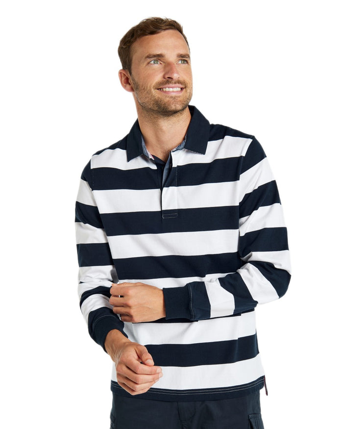 Navy Multi coloured Dubarry Mens Goresbridge Rugby Top on white background #colour_navy-multi