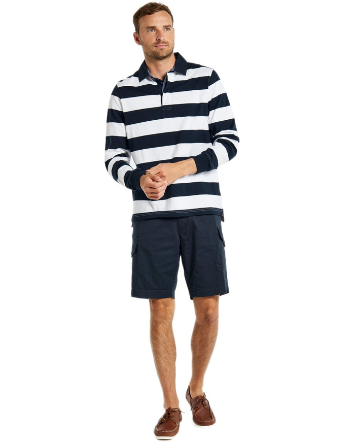 Navy Multi coloured Dubarry Mens Goresbridge Rugby Top on white background #colour_navy-multi