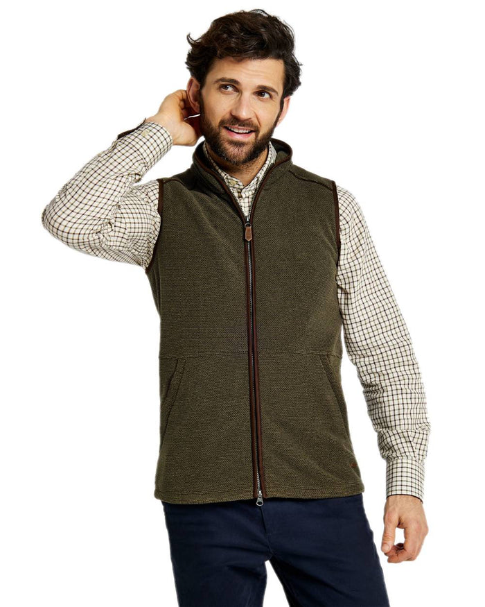 Olive Coloured Dubarry Mens Lifford Fleece Gilet on white background #colour_olive
