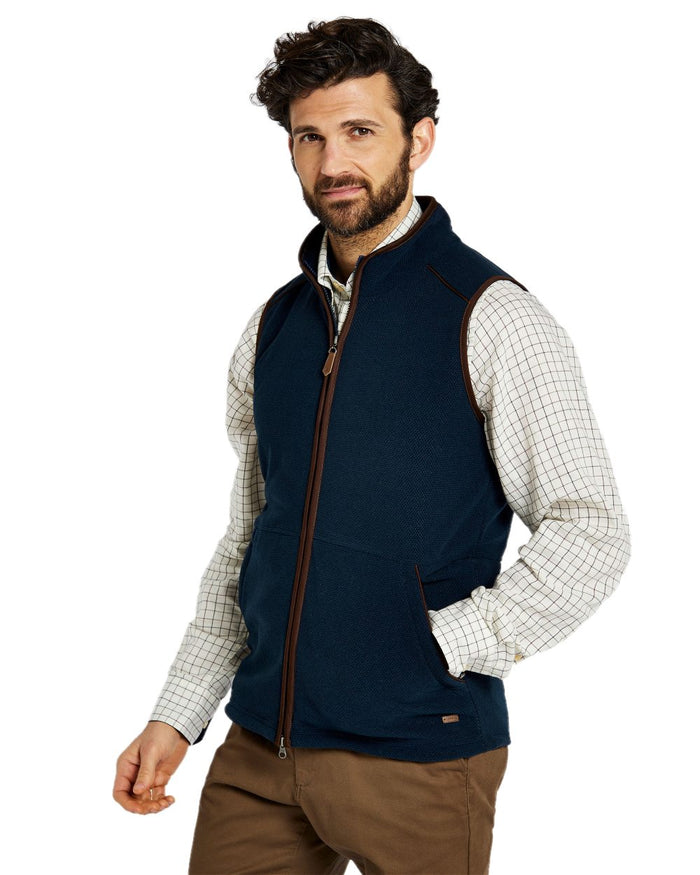 Navy Coloured Dubarry Mens Lifford Fleece Gilet on white background #colour_navy