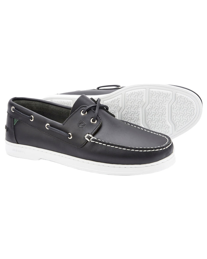 Navy coloured Dubarry Mens Oceania Two Eye-Tie Moccasin Shoes on white background #colour_navy