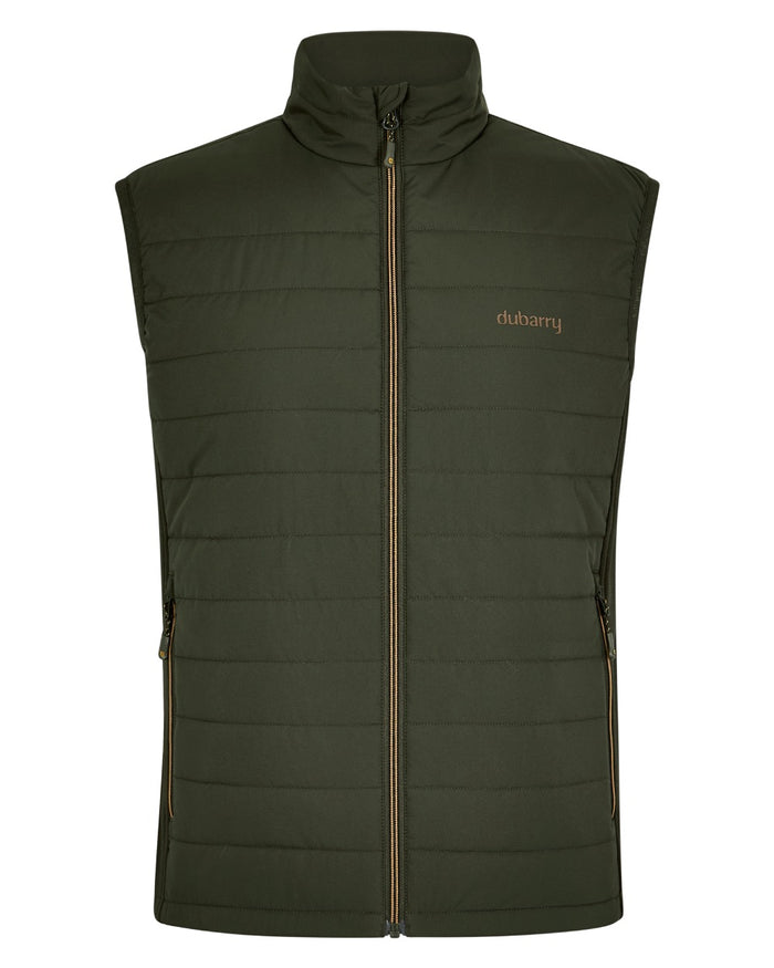 Olive coloured Dubarry Mens Solent Lightweight Hybrid Gilet on white background #colour_olive