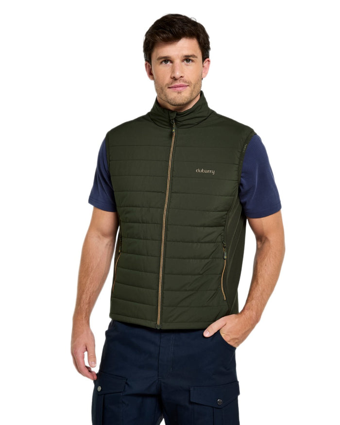 Olive coloured Dubarry Mens Solent Lightweight Hybrid Gilet on white background #colour_olive