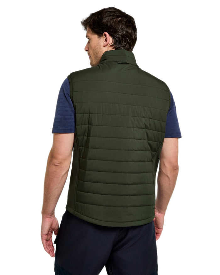 Olive coloured Dubarry Mens Solent Lightweight Hybrid Gilet on white background #colour_olive
