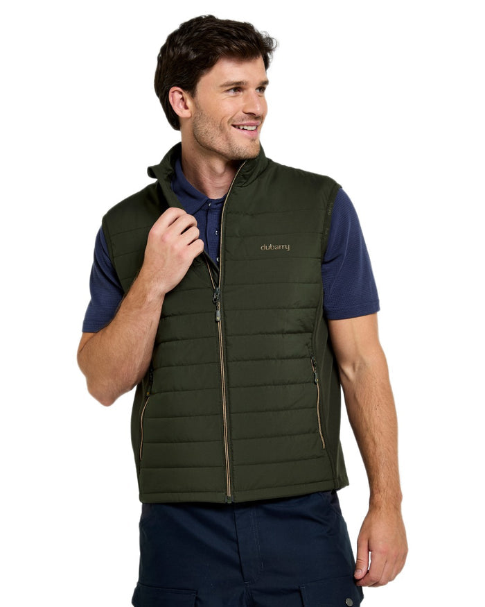 Olive coloured Dubarry Mens Solent Lightweight Hybrid Gilet on white background #colour_olive