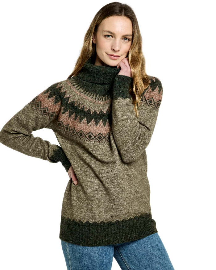 Olive Multi Coloured Dubarry Womens Devlin Fair Isle Pattern Sweater on white background #colour_olive-multi
