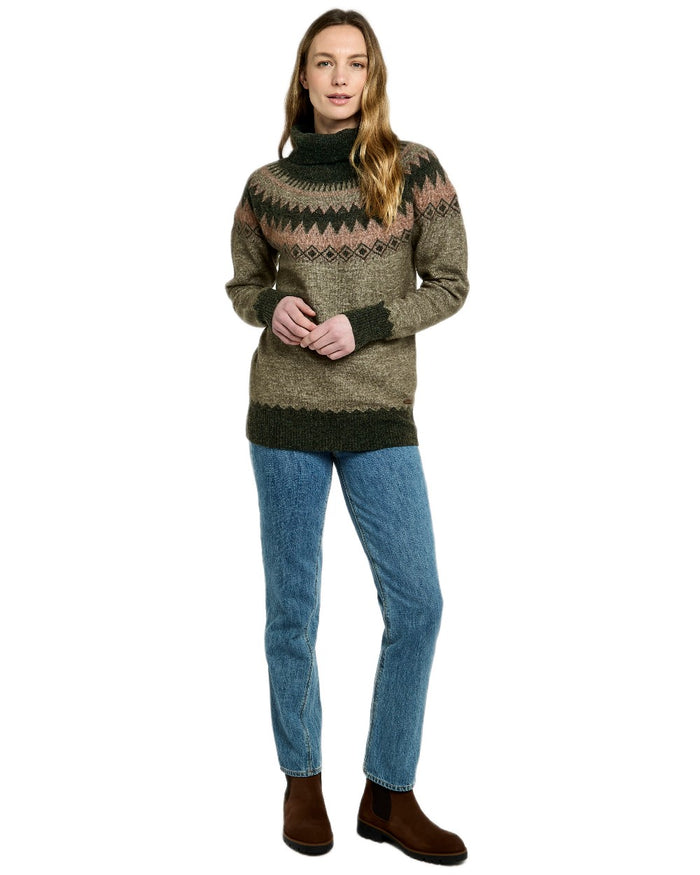 Olive Multi Coloured Dubarry Womens Devlin Fair Isle Pattern Sweater on white background #colour_olive-multi