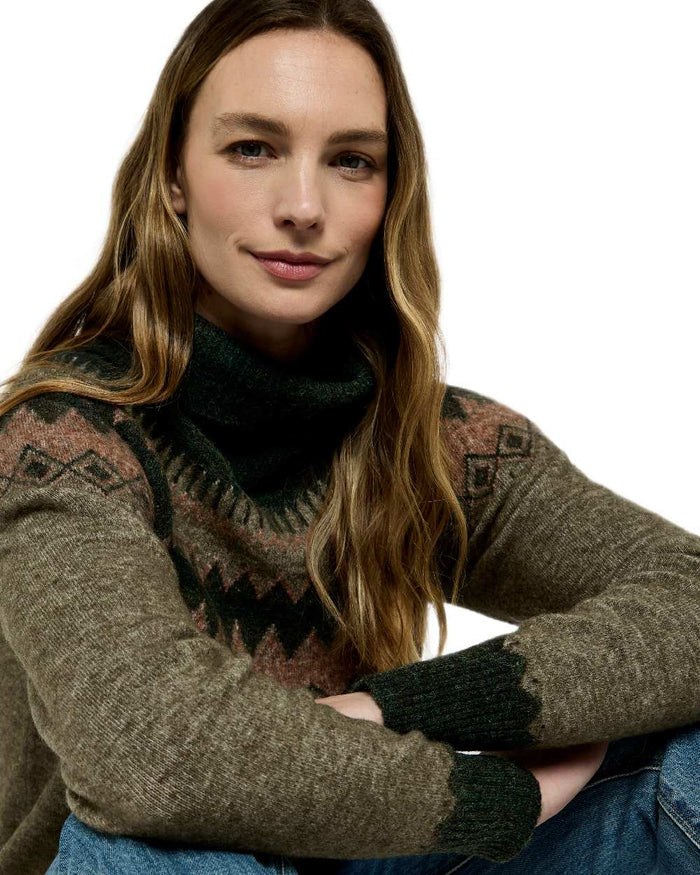 Olive Multi Coloured Dubarry Womens Devlin Fair Isle Pattern Sweater on white background #colour_olive-multi