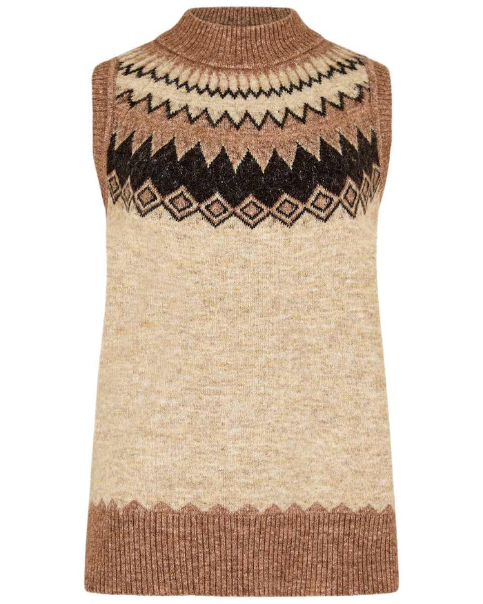 Oat Multi Coloured Dubarry Womens Doyle Fair Isle Pattern Vest on white background #colour_oat-multi
