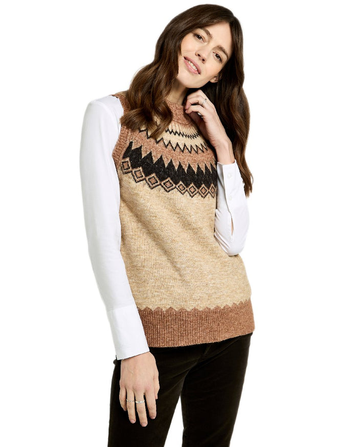 Oat Multi Coloured Dubarry Womens Doyle Fair Isle Pattern Vest on white background #colour_oat-multi