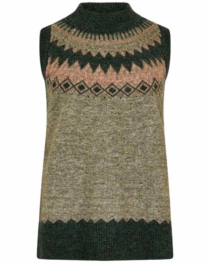 Olive Multi Coloured Dubarry Womens Doyle Fair Isle Pattern Vest on white background #colour_olive-multi