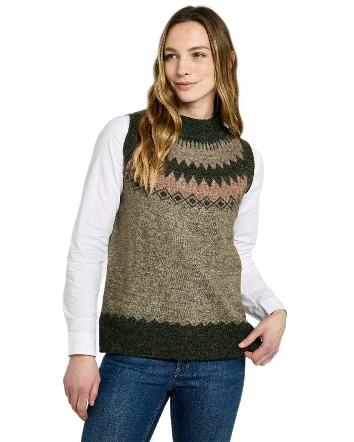 Olive Multi Coloured Dubarry Womens Doyle Fair Isle Pattern Vest on white background #colour_olive-multi