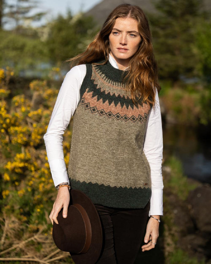 Olive Multi Coloured Dubarry Womens Doyle Fair Isle Pattern Vest on outdoor background #colour_olive-multi