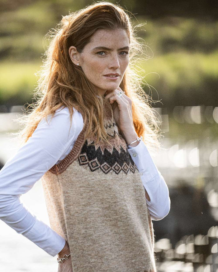 Oat Multi Coloured Dubarry Womens Doyle Fair Isle Pattern Vest on outdoor background #colour_oat-multi