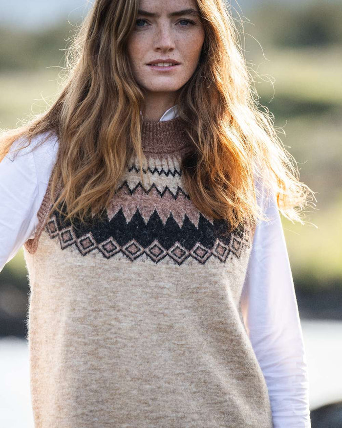 Oat Multi Coloured Dubarry Womens Doyle Fair Isle Pattern Vest on outdoor background #colour_oat-multi