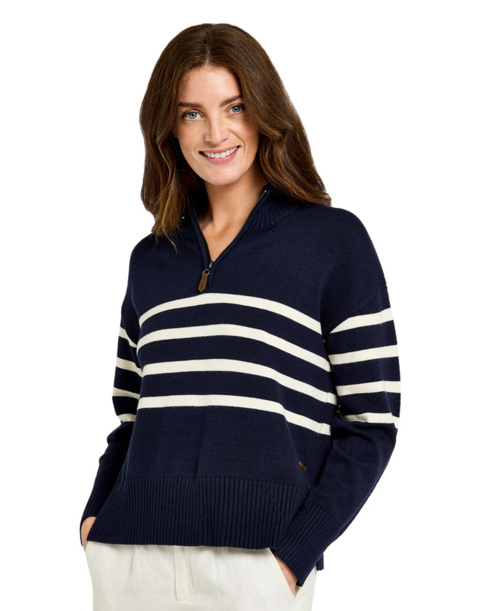 Navy coloured Dubarry Womens Fonthill Zip Neck Sweater on white background #colour_navy