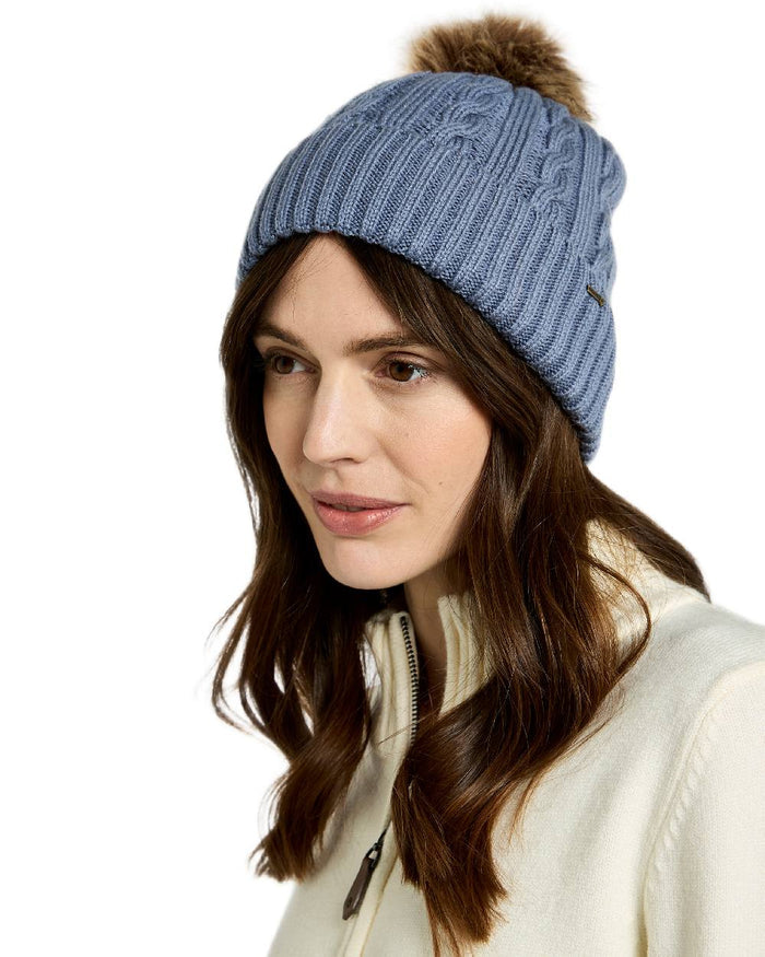 Indigo Coloured Dubarry Womens Forester Knitted Bobble Hat on white background #colour_indigo