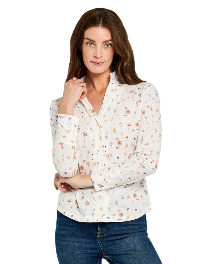 White coloured Dubarry Womens Fuchsia Printed Long Sleeve Shirt on white background #colour_white