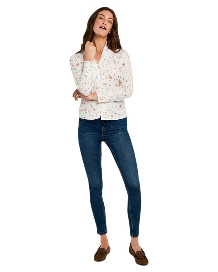 White coloured Dubarry Womens Fuchsia Printed Long Sleeve Shirt on white background #colour_white
