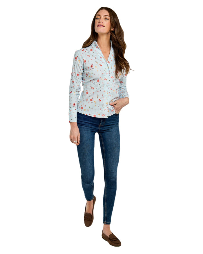 Pale Blue coloured Dubarry Womens Fuchsia Printed Long Sleeve Shirt on white background #colour_pale-blue
