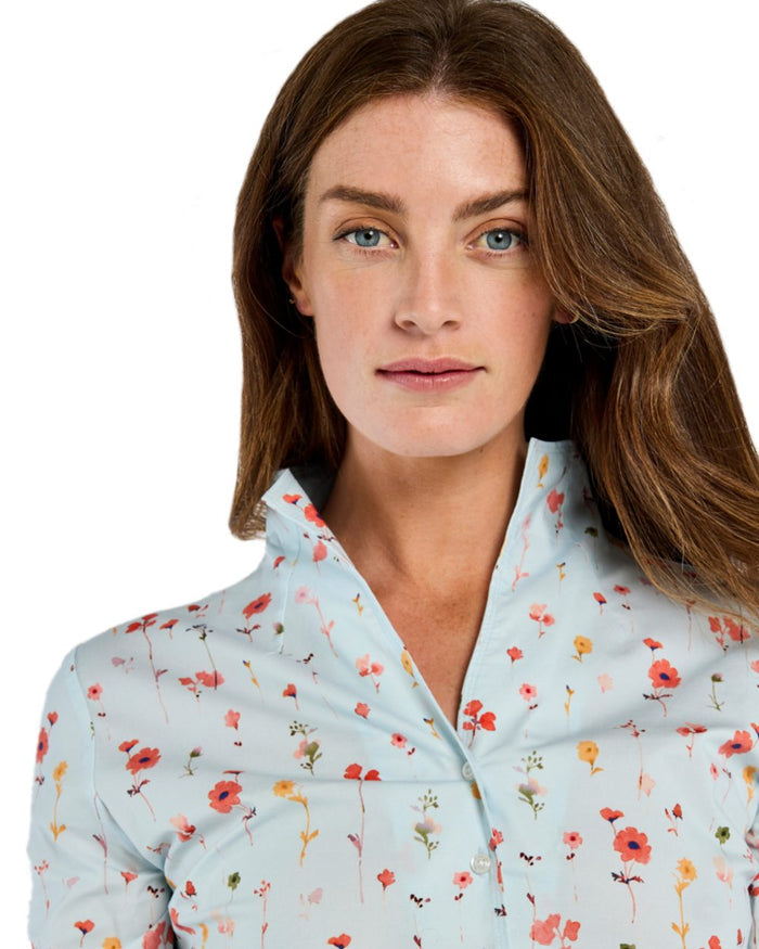 Pale Blue coloured Dubarry Womens Fuchsia Printed Long Sleeve Shirt on white background #colour_pale-blue
