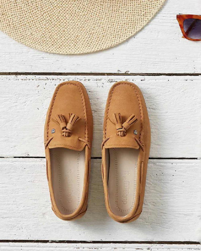 Tan coloured Dubarry Womens Jamaica Deck Shoes on white background #colour_tan