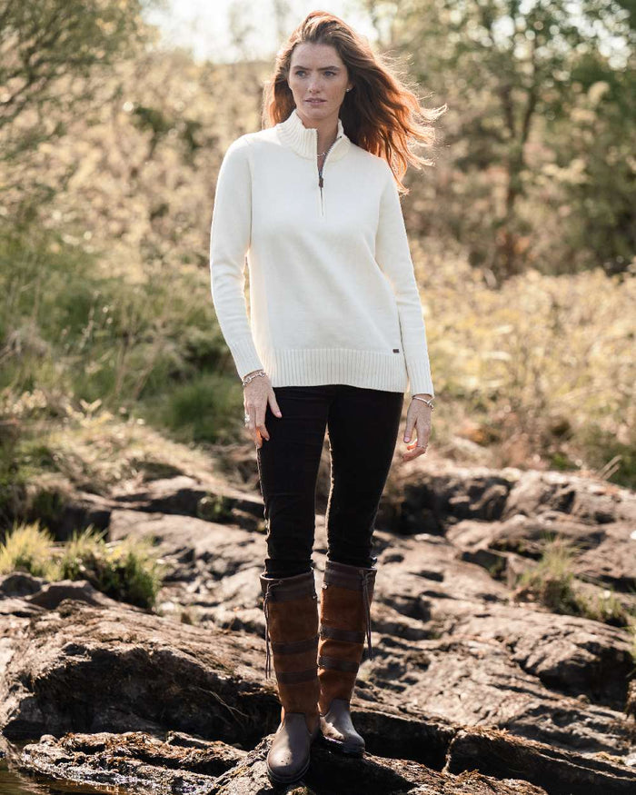 Chalk Coloured Dubarry Womens Markham Zip Neck Sweater on outdoor background #colour_chalk