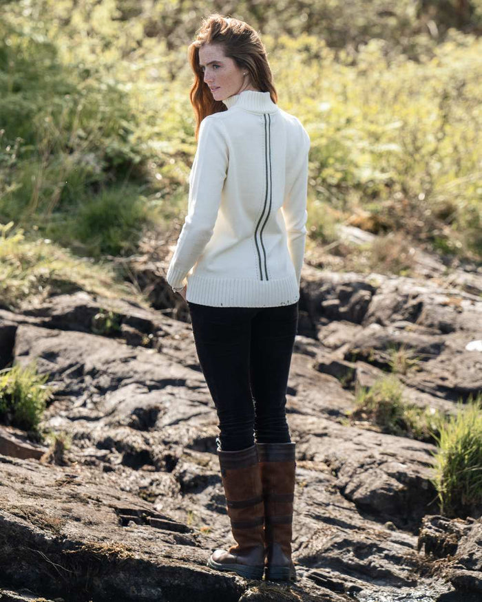 Chalk Coloured Dubarry Womens Markham Zip Neck Sweater on outdoor background #colour_chalk