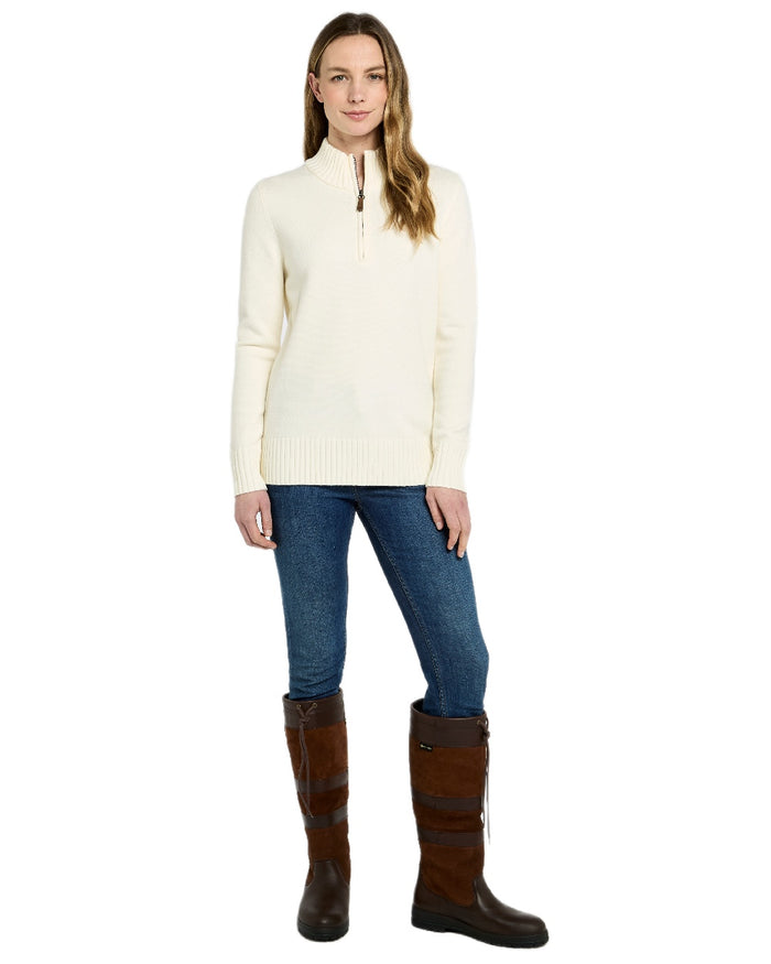 Chalk Coloured Dubarry Womens Markham Zip Neck Sweater on white background #colour_chalk