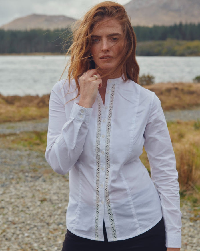 White Coloured Dubarry Womens Waterlily Mandarin Collar Shirt on lake background #colour_white