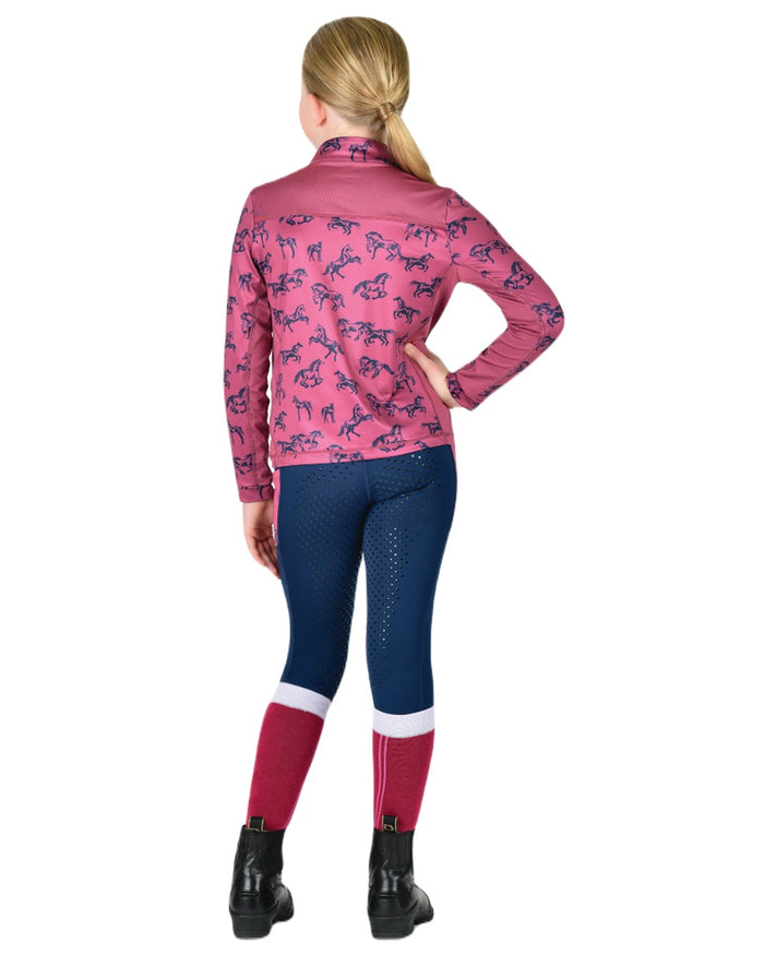 Red Violet Frolicking Horses coloured Dublin Childrens Autumn Sally Long Sleeve Riding Top on white background #colour_red-violet-frolicking-horses