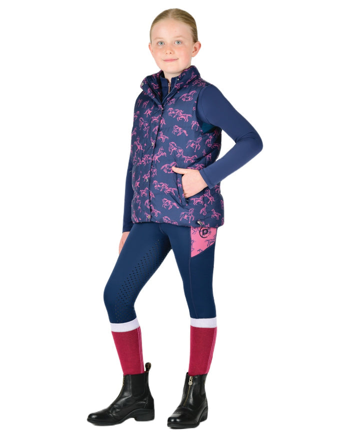 Navy Frolicking Horses coloured Dublin Childrens Patrice Everyday Puffer Vest on white background #colour_navy-frolicking-horses