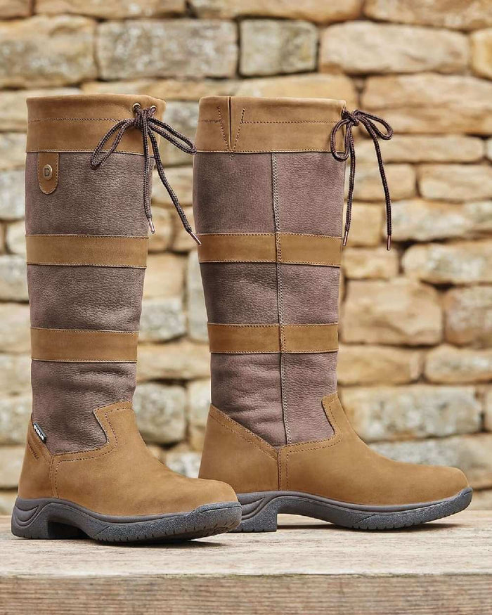 Dark Brown coloured Dublin River Boots III on rock wall background #colour_dark-brown