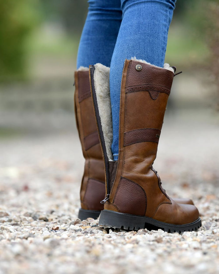 Brown Coloured Dublin Yukon Boots on blurry background #colour_brown