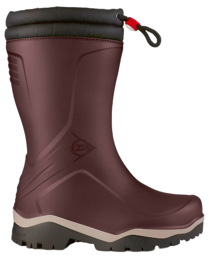 Burgundy Grey Black coloured Dunlop Childrens Blizzard Wellingtons on white background #colour_burgundy-grey-black
