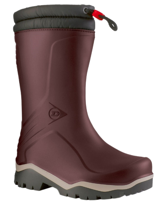 Burgundy Grey Black coloured Dunlop Childrens Blizzard Wellingtons on white background #colour_burgundy-grey-black