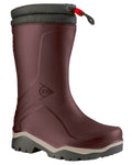 Burgundy Grey Black coloured Dunlop Childrens Blizzard Wellingtons on white background #colour_burgundy-grey-black
