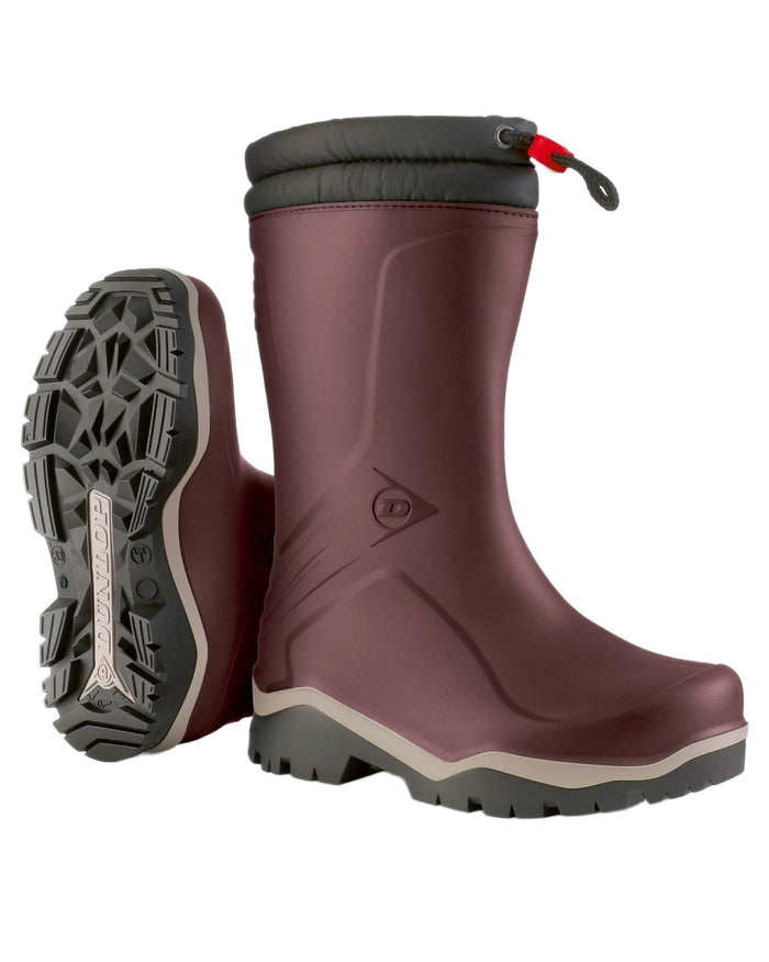 Burgundy Grey Black coloured Dunlop Childrens Blizzard Wellingtons on white background #colour_burgundy-grey-black