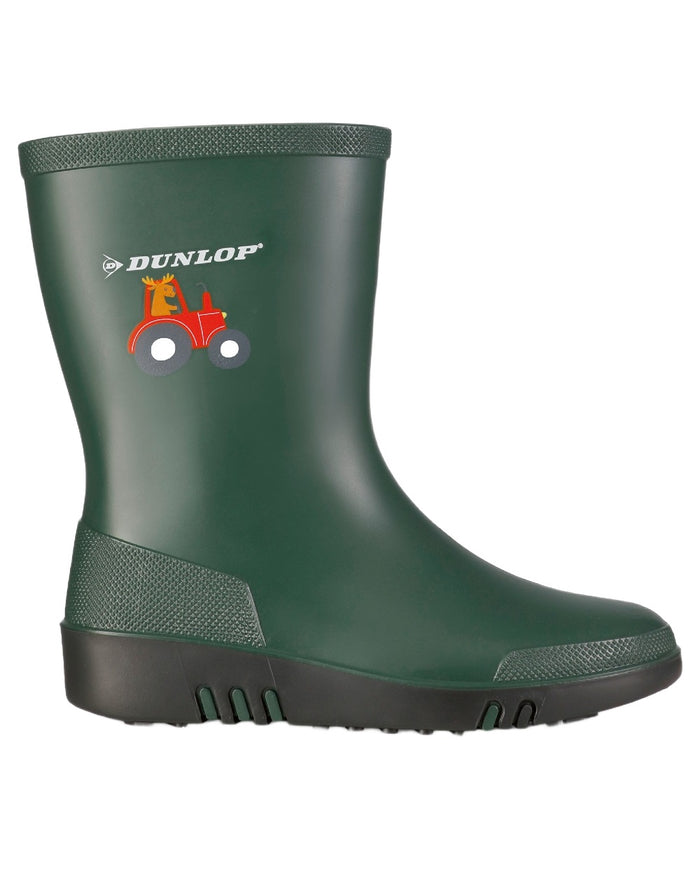 Heritage Green Black coloured Dunlop Childrens Mini Wellingtons on white background #colour_heritage-green-black