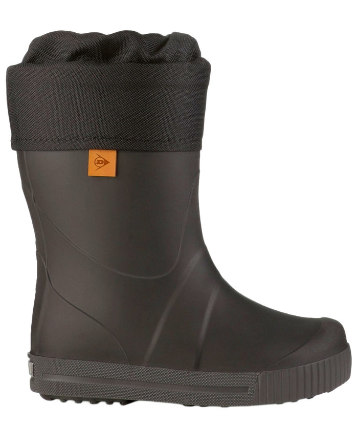 Black coloured Dunlop Childrens Puddle Jumper Faux Fur Lined Wellingtons on white background #colour_black