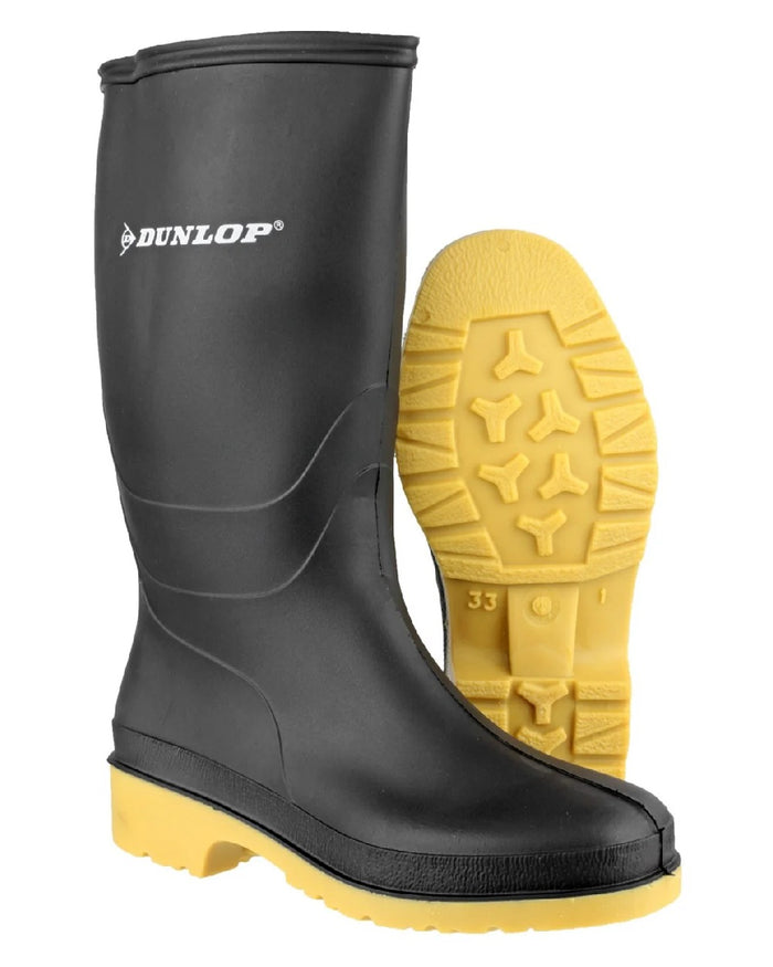 Black coloured Dunlop Dulls Children's Wellington Boots on white background #colour_black