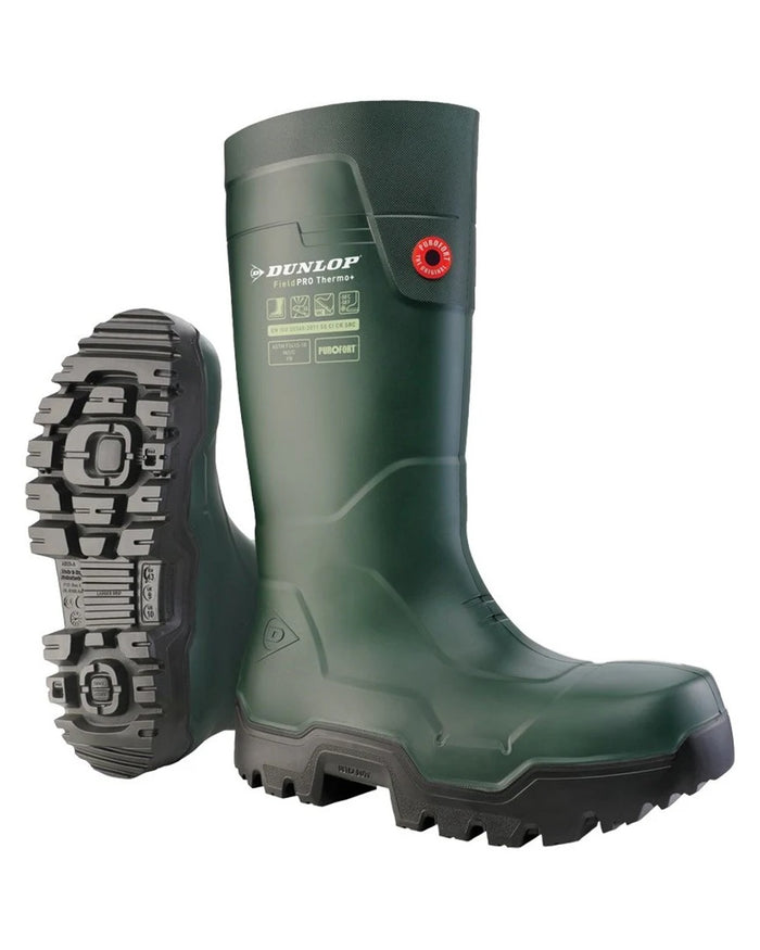Heritage Green/Black coloured Dunlop FieldPro Thermo Plus Safety Wellingtons on white background #colour_heritage-green-black