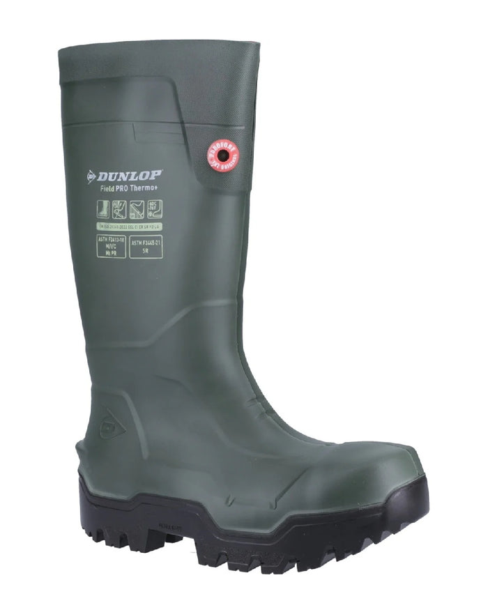 Heritage Green/Black coloured Dunlop FieldPro Thermo Plus Safety Wellingtons on white background #colour_heritage-green-black