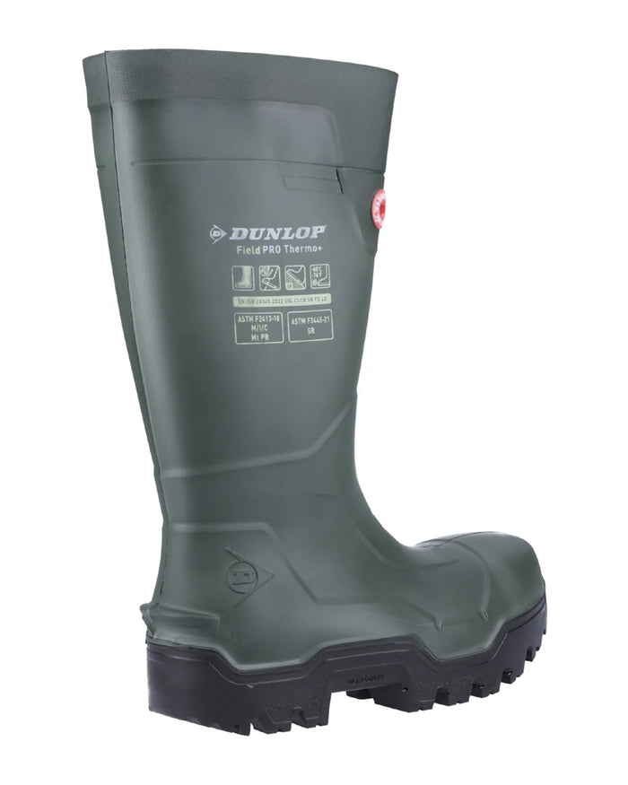 Heritage Green/Black coloured Dunlop FieldPro Thermo Plus Safety Wellingtons on white background #colour_heritage-green-black