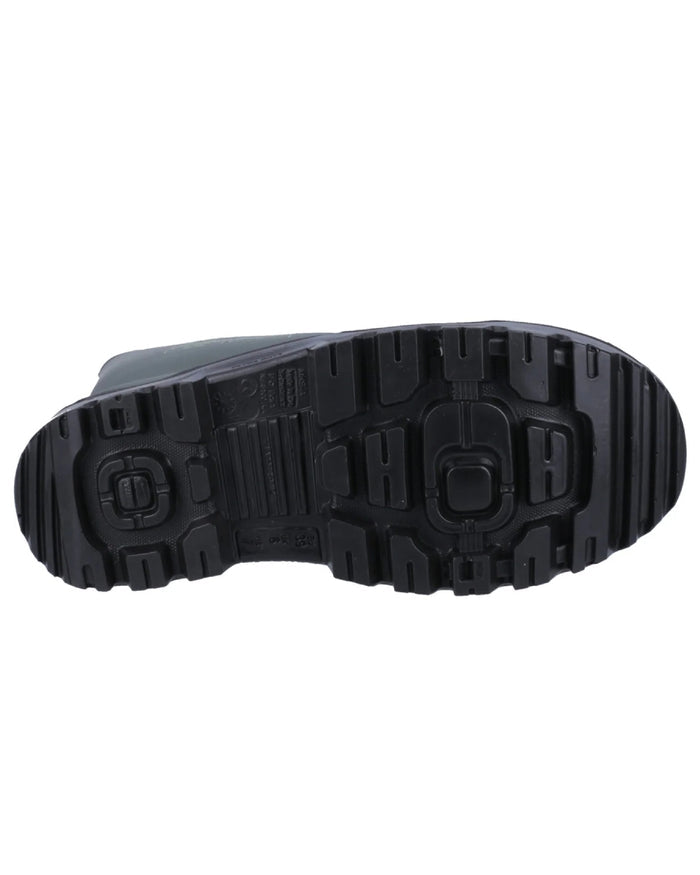 Heritage Green/Black coloured Dunlop FieldPro Thermo Plus Safety Wellingtons on white background #colour_heritage-green-black
