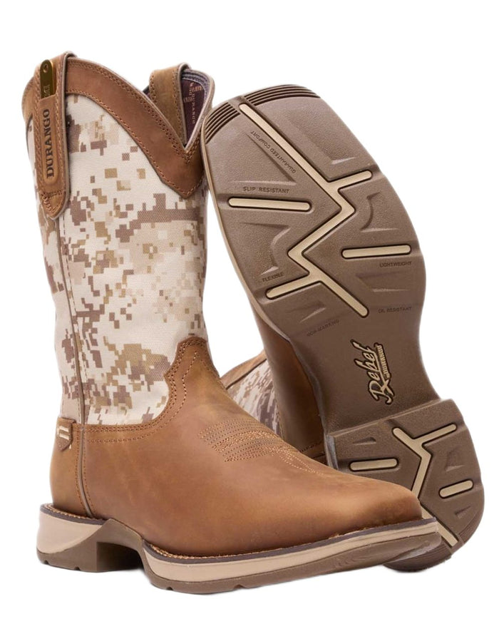 Dusty Brown Desert Camo coloured Durango Mens Rebel Desert Camo Pull-On Western Boots on white background #colour_dusty-brown-desert-camo