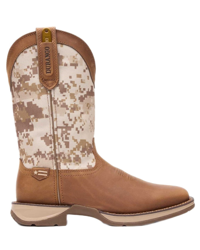 Dusty Brown Desert Camo coloured Durango Mens Rebel Desert Camo Pull-On Western Boots on white background #colour_dusty-brown-desert-camo