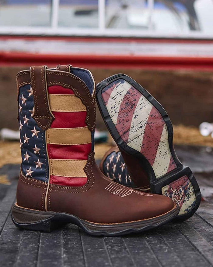 Brown Union Flag coloured Durango Mens Rebel Patriotic Pull-On Western Flag Boots on outdoor background #colour_brown-union-flag